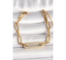 316L Çelik Gold Renk Zirkon Taşlı Kare Zincir Model Kadın Bileklik - TJ-BB6770