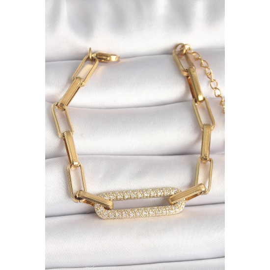 316L Çelik Gold Renk Zirkon Taşlı Kare Zincir Model Kadın Bileklik - TJ-BB6770