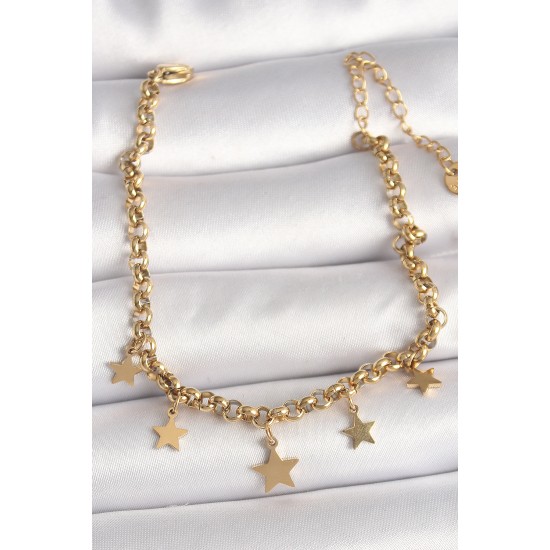 316L Çelik Gold Renk Zincir Sallantı Yıldız Figür Kadın Bileklik - TJ-BB6771