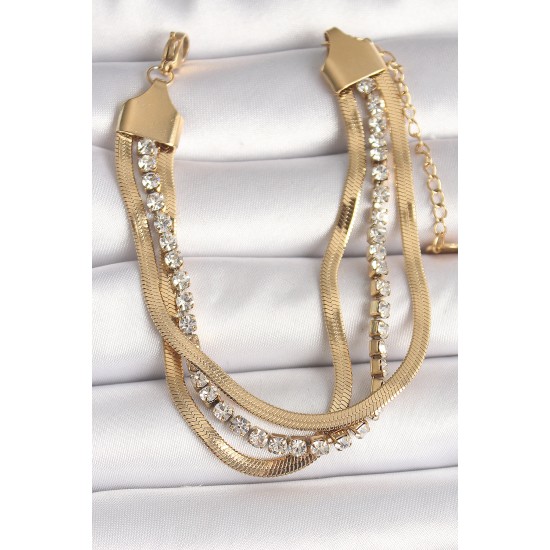 316L Çelik Gold Renk 2'Li İtalyan Zincir Model Zirkon Taşlı Kadın Bileklik - TJ-BB6772