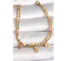 316L Çelik Gold Renk 2'Li Zincir Model Sallantı Yonca Figür Kadın Bileklik - TJ-BB6773