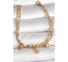 316L Çelik Gold Renk 2'Li Zincir Model Sallantı Yonca Figür Kadın Bileklik - TJ-BB6773