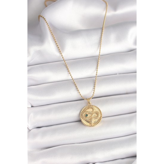 316L Çelik Gold Renk Topçuk Zincir Yılan İşlemeli Zirkon Taş Detaylı Madalyon Model Kadın Kolye - TJ-BKO9844