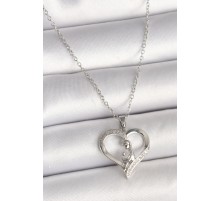 316L Çelik Gümüş Renk Zincir Zirkon Taş Detaylı Kalp Model Kadın Kolye - TJ-BKO9854