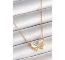 316L Çelik Gold Renk Zincir Zirkon Taşlı Fiyonk Model Kadın Kolye - TJ-BKO9863