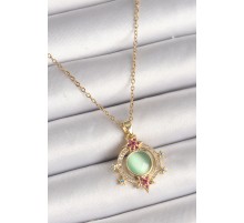 316L Çelik Gold Renk Zincir Yeşil Sedefli Zirkon Taşlı Yıldız Detay Kadın Kolye - TJ-BKO9870