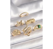 Pirinç Gold Renk İşlemeli Yılan Model Kelebek Detay 6'Lı Kadın Yüzük Seti - TJ-BYK3611