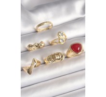 Pirinç Gold Renk Sarmal Modl Zirkon Taşlı Sarmal Detay 6'Lı Kadın Yüzük Seti - TJ-BYK3617