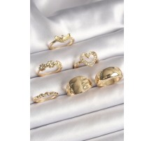 Pirinç Gold Renk Zirkon Taşlı Kalp Figür Çiçek Detay 6'Lı Kadın Yüzük Seti - TJ-BYK3618