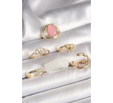 Pirinç Gold Renk Zirkon Taş Detaylı Pembe Mineli 6'Lı Kadın Yüzük Seti - TJ-BYK3619