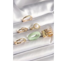 Pirinç Gold Renk Düğüm Model İncili İşlemeli Plaka Model 6'Lı Kadın Yüzük Seti - TJ-BYK3621