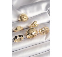 Pirinç Gold Renk Çiçek İşlemeli Siyah Kalpli Model 6'Lı Kadın Yüzük Seti - TJ-BYK3622