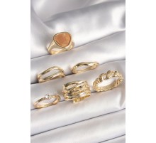 Pirinç Gold Renk Kahverengi Mineli Zirkon Taş Detaylı Sarmal Model 6'Lı Kadın Yüzük Seti - TJ-BYK3623