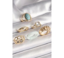 Pirinç Gold Renk Kare Zirkon Taşlı Sarmal Model Mavi Taş Detay 6'Lı Kadın Yüzük Seti - TJ-BYK3624