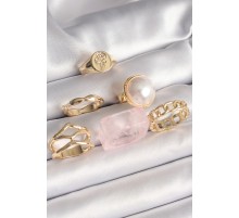 Pirinç Gold Renk Daire 3D İncili Figür Zincir Model Gül İşleme Detaylı 6'Lı Kadın Yüzük Seti - TJ-BYK3625