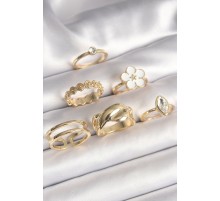 Pirinç Gold Renk Beyaz Çiçek Figür Zirkon Taşlı Kadın 6'Lı Kadın Yüzük Seti - TJ-BYK3626