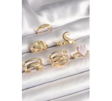Pirinç Gold Renk Pembe Damla Mineli Sarmal İşleme Detaylı 6'Lı Kadın Yüzük Seti - TJ-BYK3628