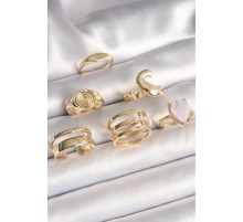 Pirinç Gold Renk Pembe Damla Mineli Sarmal İşleme Detaylı 6'Lı Kadın Yüzük Seti - TJ-BYK3628