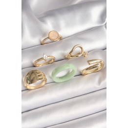 Pirinç Gold Renk Zirkon Taşlı Daire Pembe Mineli Detay 6'Lı Kadın Yüzük Seti TJ-BYK3630