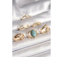 Pirinç Gold Renk Beyaz Gül Figürlü Düğüm Detay 6'Lı Kadın Yüzük Seti - TJ-BYK3634