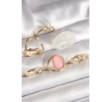 Pirinç Gold Renk Zirkonlı Oval Pembe Mineli 6'Lı Kadın Yüzük Seti - TJ-BYK3638