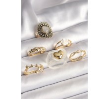 Pirinç Gold Renk Beyaz Gül Figür Kalp İşlemeli Sarmal Detay 6'Lı Kadın Yüzük Seti - TJ-BYK3639
