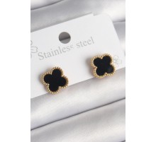316L Çelik Gold Renk Siyah Yonca Model Kadın Küpe - TJ-BKP10199