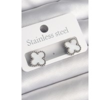 316L Çelik Gümüş Renk Beyaz Yonca Model Kadın Küpe - TJ-BKP10200