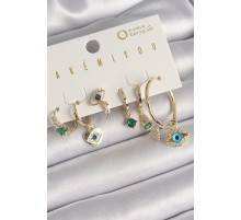 Pirinç Gold Renk Sallantı Zirkon Taşlı Göz Figür VIP Seri Kadın Küpe Seti - TJ-BKP10216