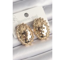 Pirinç Gold Renk İşleme Detaylı Oval Bombe Plaka Model Kadın Küpe - TJ-BKP10235