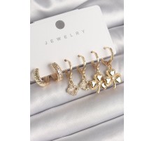 Pirinç Gold Renk Sallantı Zirkon Taşlı Yonca Model Kadın Küpe Seti - TJ-BKP10268