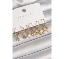 Pirinç Gold Renk Sallantı Zirkon Taşlı Kurdele Model Kalp Detay Kadın Küpe Seti - TJ-BKP10272