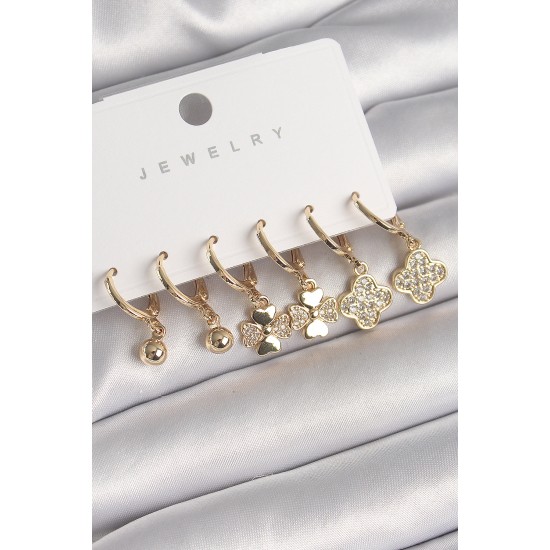 Pirinç Gümüş Renk Sallantı Zirkon Taşlı Yonca Model Topçuk Detay Kadın Küpe Seti - TJ-BKP10284