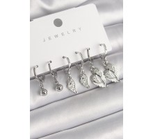 Pirinç Gümüş Renk Sallantı Zirkon Taşlı Kanat Model Topçuk Detay Kadın Küpe Seti - TJ-BKP10285