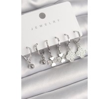 Pirinç Gümüş Renk Sallantı Zirkon Taşlı Yonca Model Topçuk Detay Kadın Küpe Seti - TJ-BKP10293