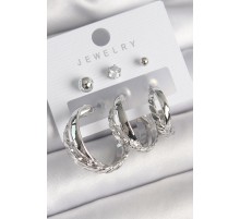 Pirinç Gümüş Renk 3'Lü Halka Model Zirkon Taş Topçuk Detay Kadın Küpe Seti - TJ-BKP10311