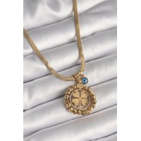 316L Çelik Gold Renk İtalyan Zincir Dorika Yonca Model Nazar Boncuk Detay Kadın Kolye TJ-BKO9875
