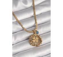 316L Çelik Gold Renk İtalyan Zincir Dorika Yonca Model Nazar Boncuk Detay Kadın Kolye - TJ-BKO9875