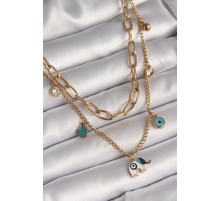 316L Çelik Gold Renk 2'Li Zincir Model Fil Figür Zirkon Taş Detay Nazar Boncuk Detay Kadın Kolye - TJ-BKO9877