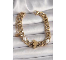 316L Çelik Gold Renk Kalın Zincir Model Arı Figür Damla İnci Detay Kadın Bileklik - TJ-BB6782