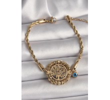 316L Çelik Gold Renk Burgu Zincir Model Dorika Yaşam Ağacı Figür Nazar Boncuk Detay Kadın Bileklik - TJ-BB6784