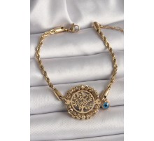 316L Çelik Gold Renk Burgu Zincir Model Dorika Yaşam Ağacı Figür Nazar Boncuk Detay Kadın Bileklik - TJ-BB6784