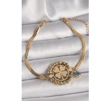 316L Çelik Gold Renk İtalyan Zincir Model Dorika Yonca Figür Nazar Boncuk Detay Kadın Bileklik - TJ-BB6785