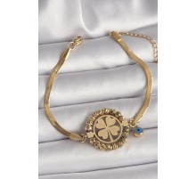 316L Çelik Gold Renk İtalyan Zincir Model Dorika Yonca Figür Nazar Boncuk Detay Kadın Bileklik - TJ-BB6785