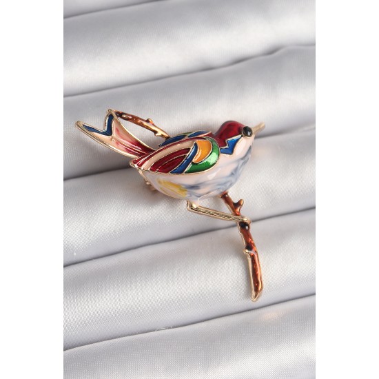 Pirinç Gold Renk Renkli Kuş Model Kadın Broş - TJ-BR401
