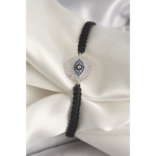 Pirinç Gümüş Renk Zirkon Taşlı Göz İşlemeli Figür Asansörlü Makrome Model Kadın Bileklik - TJ-BB6793