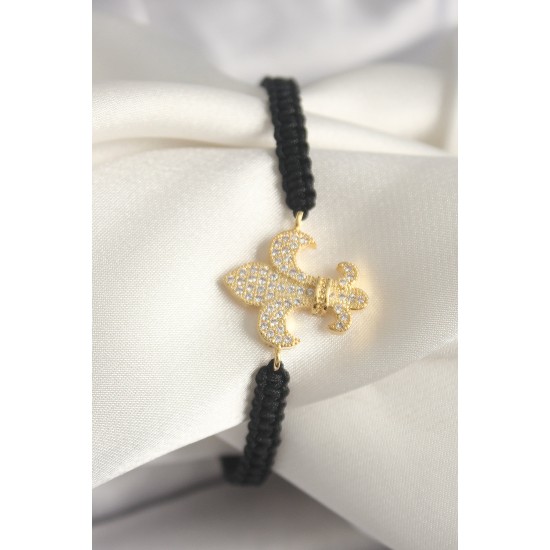 Pirinç Gold Renk Zirkon Taşlı Zambak Figür Asansörlü Makrome Model Kadın Bileklik - TJ-BB6801