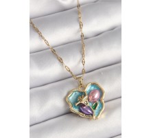 316L Çelik Gold Renk Zincir Çiçek İşlemeli Zirkon Taş Detaylı Mavi Kalp Portre Model Kadın Kolye - TJ-BKO9879