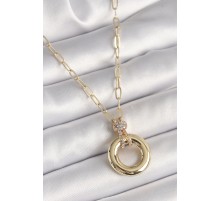 Pirinç Gold Renk Zirkon Taş Detaylı Madalyon Model Kadın Kolye - TJ-BKO9885