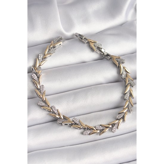Pirinç Gold Renk Mix Renk Zirkon Taşlı Yaprak Model VIP Seri Kadın Bileklik - TJ-BB6810